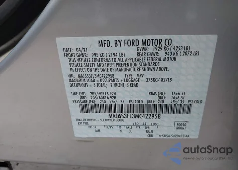 2021 Ford Ecosport S z USA, uszkodzony, nr VIN MAJ6S3FL3MC422958